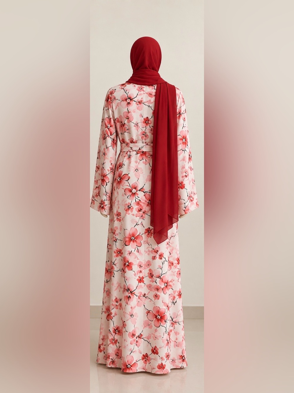 Embellished Pink Floral Women’s V-Neck Top Abaya with scarf